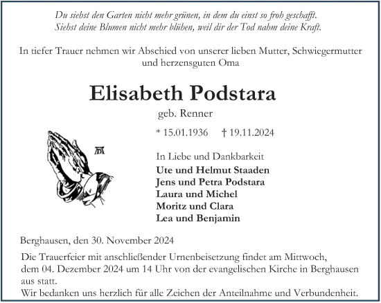 Traueranzeige von Elisabeth Podstara von Wetzlarer Neue Zeitung