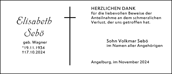 Traueranzeige von Elisabeth Sebö von Hinterländer Anzeiger