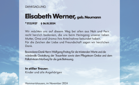Traueranzeige von Elisabeth Werner von Hinterländer Anzeiger