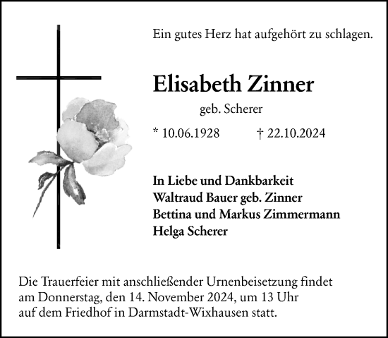 Traueranzeige von Elisabeth Zinner von Darmstädter Echo