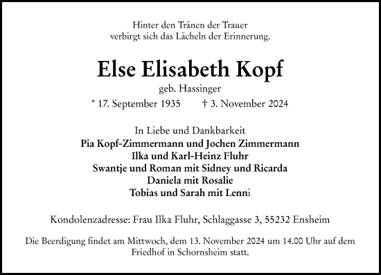 Traueranzeige von Else Elisabeth Kopf von Allgemeine Zeitung Alzey