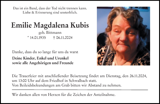Traueranzeige von Emilie Magdalena Kubis von Wetzlarer Neue Zeitung