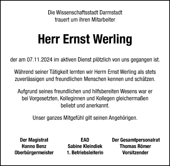 Traueranzeige von Ernst Werling von Darmstädter Echo