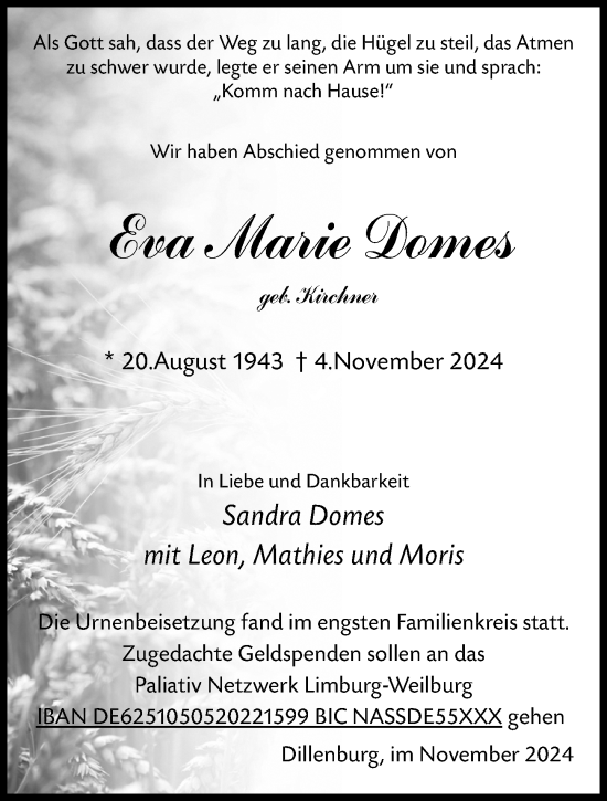 Traueranzeige von Eva Marie Domes von Dill Block