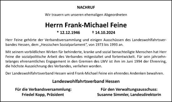 Traueranzeige von Frank-Michael Feine von Wiesbadener Kurier