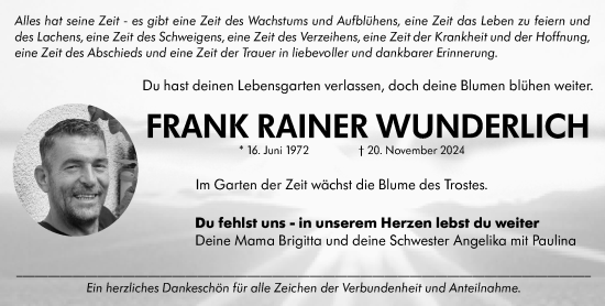 Traueranzeige von Frank Rainer Wunderlich von Wetzlarer Neue Zeitung
