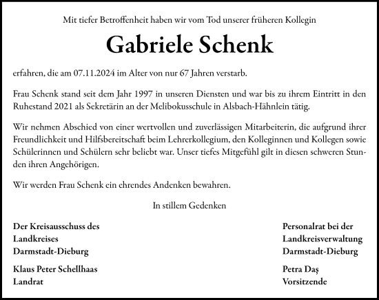 Traueranzeige von Gabriele Schenk von Darmstädter Echo