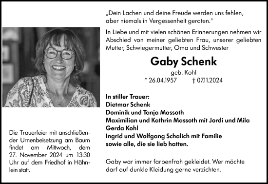Traueranzeige von Gaby Schenk von Darmstädter Echo