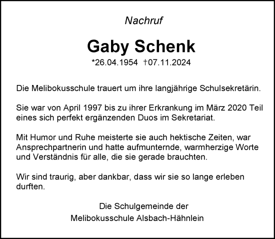 Traueranzeige von Gaby Schenk von Darmstädter Echo