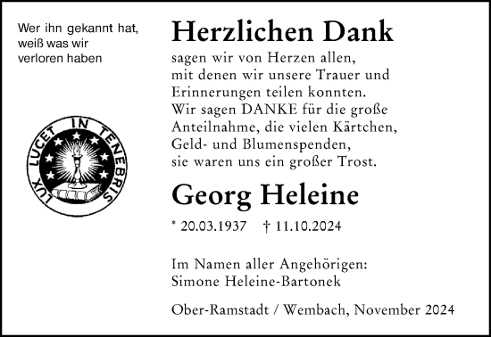 Traueranzeige von Georg Heleine von Darmstädter Echo