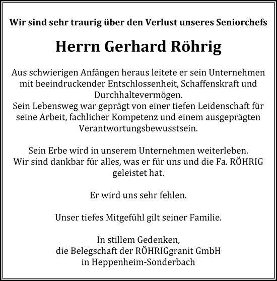 Traueranzeige von Gerhard Röhrig von Bergsträßer Anzeiger