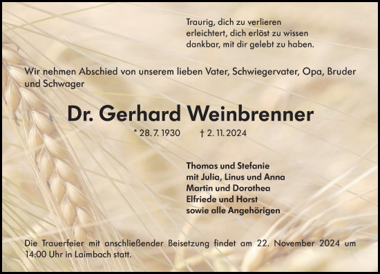 Traueranzeige von Gerhard Weinbrenner von Weilburger Tageblatt