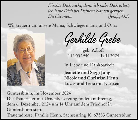Traueranzeige von Gerhilde Grebe von Allgemeine Zeitung Mainz