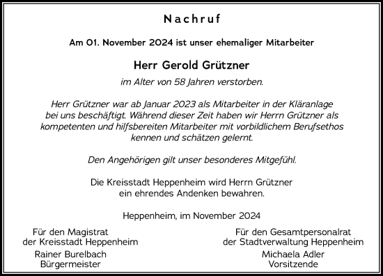 Traueranzeige von Gerold Grützner von Wormser Zeitung