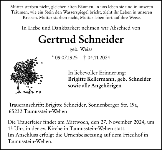 Traueranzeige von Gertrud Schneider von Idsteiner Land/Untertaunus