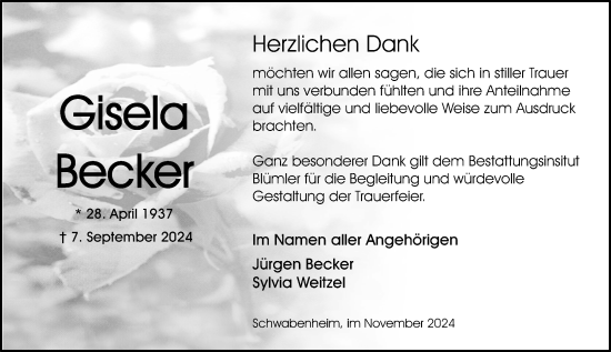Traueranzeige von Gisela Becker von Allgemeine Zeitung Rheinhessen-Nahe