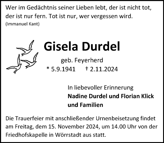 Traueranzeige von Gisela Durdel von Allgemeine Zeitung Alzey