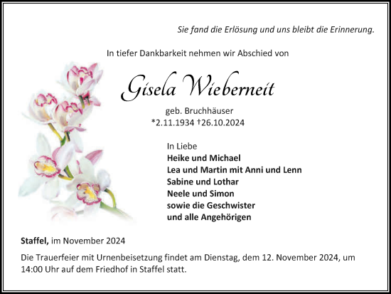 Traueranzeige von Gisela Wieberneit von Nassauische Neue Presse