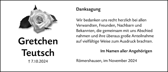 Traueranzeige von Gretchen Teutsch von Hinterländer Anzeiger