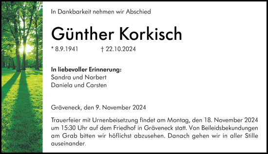 Traueranzeige von Günther Korkisch von Weilburger Tageblatt