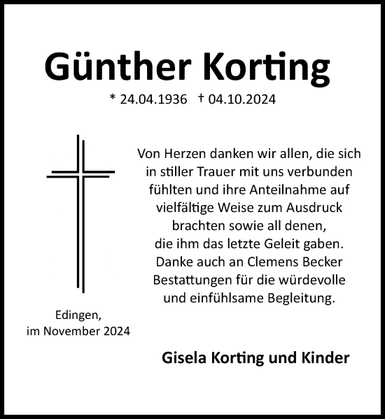Traueranzeige von Günther Korting von Dill Block