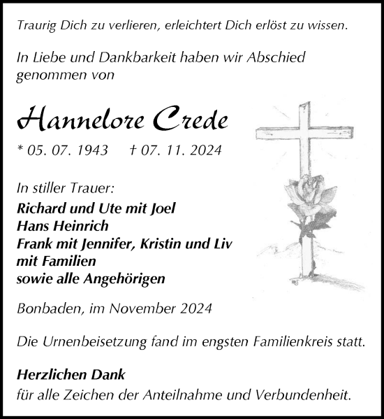Traueranzeige von Hannelore Crede von Wetzlarer Neue Zeitung