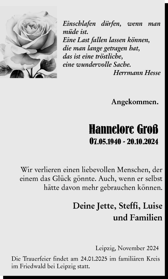 Traueranzeige von Hannelore Groß von Wetzlarer Neue Zeitung