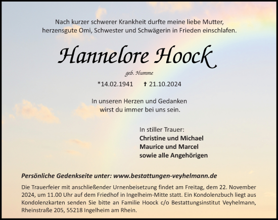 Traueranzeige von Hannelore Hoock von Allgemeine Zeitung Rheinhessen-Nahe