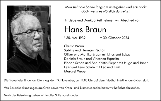 Traueranzeige von Hans Braun von Dill Block