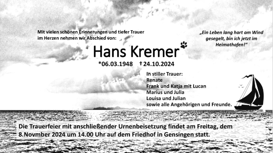 Traueranzeige von Hans Kremer von Allgemeine Zeitung Rheinhessen-Nahe