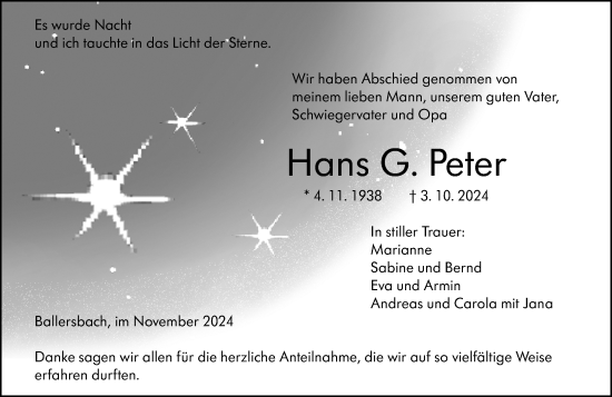 Traueranzeige von Hans G. Peter von Dill Block