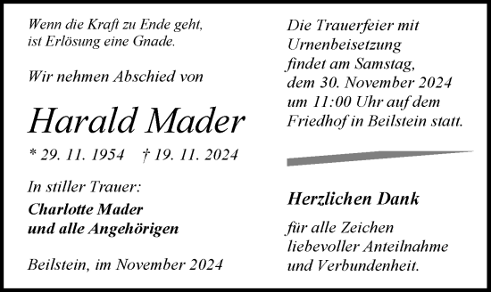 Traueranzeige von Harald Mader von Dill Block