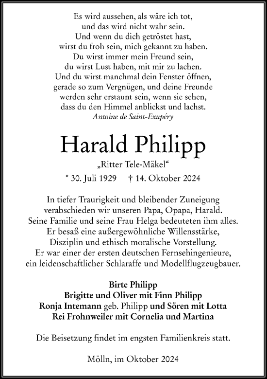 Traueranzeige von Harald Philipp von Allgemeine Zeitung Mainz