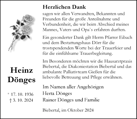 Traueranzeige von Heinz Dönges von Wetzlarer Neue Zeitung
