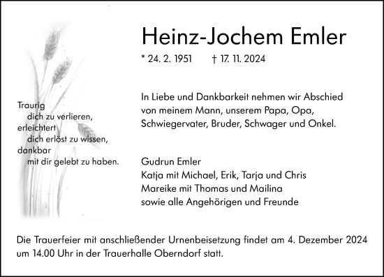 Traueranzeige von Heinz-Jochem Emler von Wetzlarer Neue Zeitung