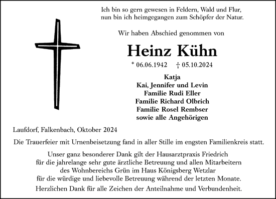Traueranzeige von Heinz Kühn von Weilburger Tageblatt