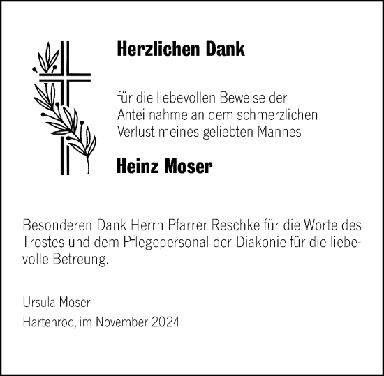 Traueranzeige von Heinz Moser von Hinterländer Anzeiger