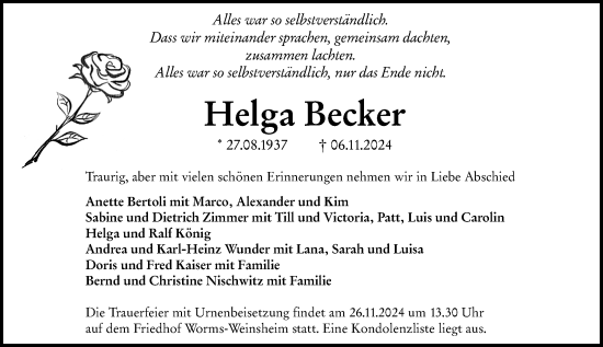 Traueranzeige von Helga Becker von Wormser Zeitung