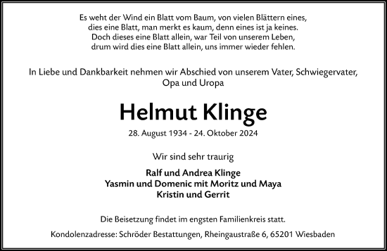 Traueranzeige von Helmut Klinge von Wiesbadener Kurier