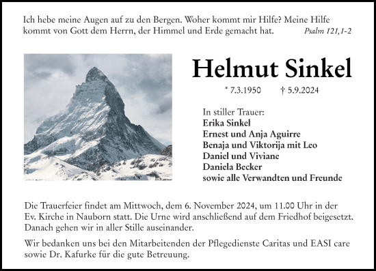 Traueranzeige von Helmut Sinkel von Wetzlarer Neue Zeitung
