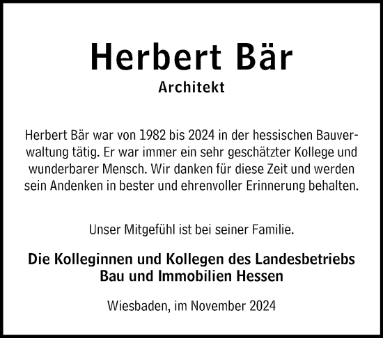 Traueranzeige von Herbert Bär von Camberger Anzeiger