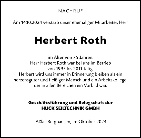 Traueranzeige von Herbert Roth von Wetzlarer Neue Zeitung