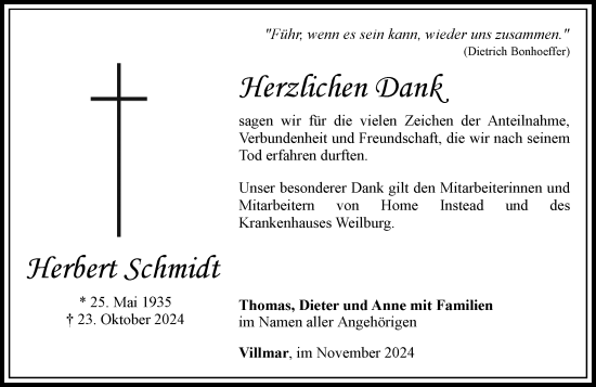 Traueranzeige von Herbert Schmidt von Nassauische Neue Presse