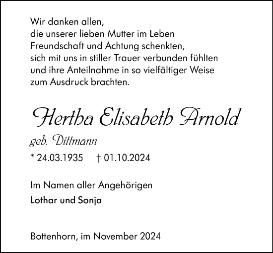 Traueranzeige von Hertha Elisabeth Arnold von Hinterländer Anzeiger