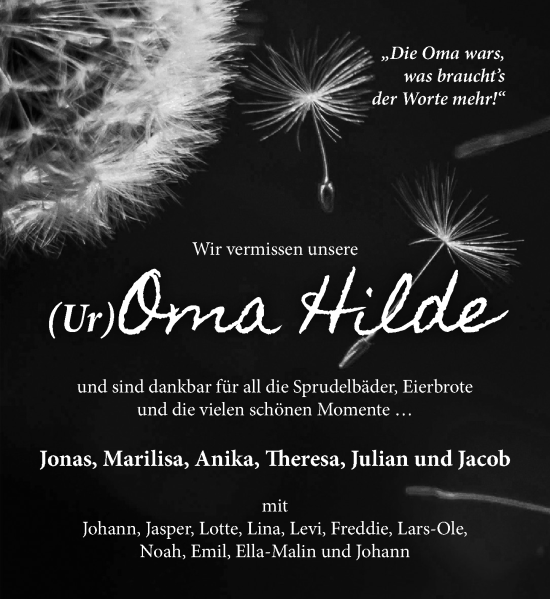 Traueranzeige von Hilde Schwehn von Dill Block