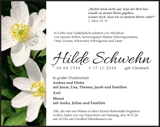 Traueranzeige von Hilde Schwehn von Dill Block