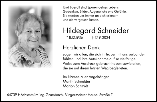 Traueranzeige von Hildegard Schneider von Odenwälder Echo