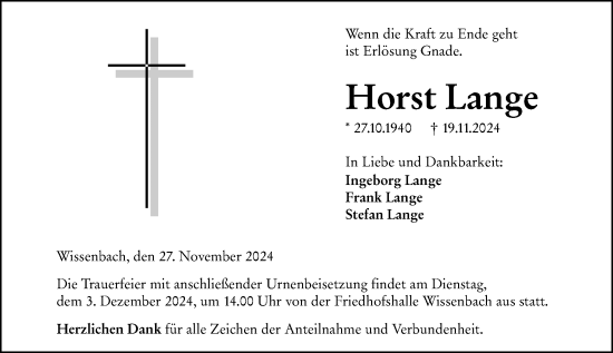 Traueranzeige von Horst Lange von Dill Block