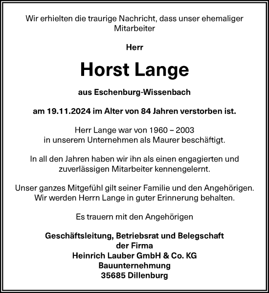 Traueranzeige von Horst Lange von Dill Block
