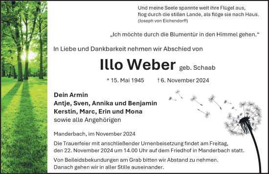 Traueranzeige von Illo Weber von Dill Block